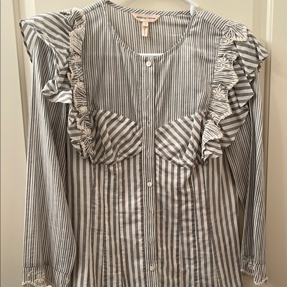 REBECCA TAYLOR. blue and white Striped Ruffle Blouse. Size 2. NWOT